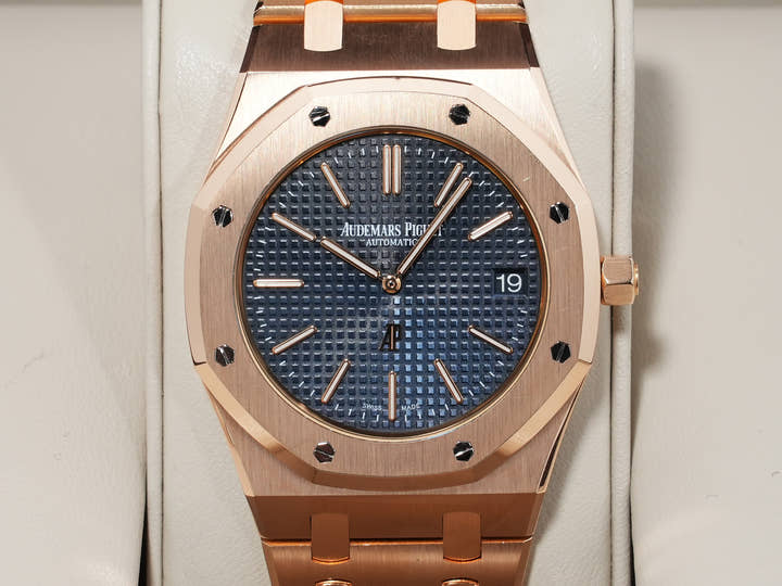 オーデマピゲ ロイヤルオーク ジャンボ エクストラ シン Ref.15202OR.OO.1240OR.01 ピンクゴールド ブルー文字盤 中古 v656dayu