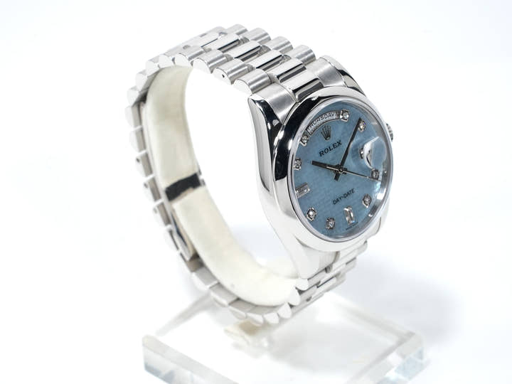ロレックス デイデイト36 Ref.118206A プラチナ マザーオブパールx10Pダイヤ文字盤 中古 8texga9v
