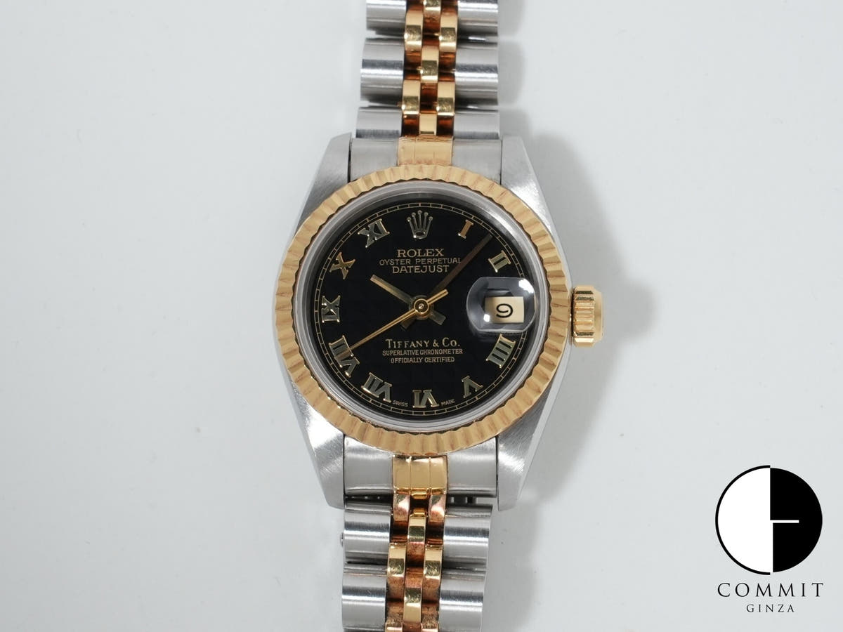 Pre-owned Rolex Datejust TIFFANY & CO. Ref. 69173 in Stainless Steel/Yellow Gold with Black Pyramid Roman Dial and Jubilee Bracelet (goeq3n8r)