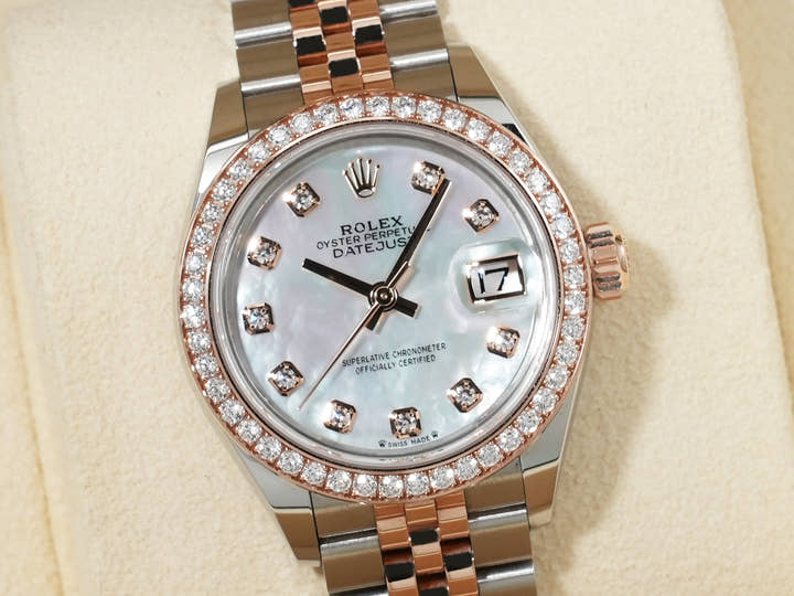 ロレックス デイトジャスト28 Ref.279381RBR ステンレススチールxエバーローズゴールド ホワイトシェルx10Pダイヤ文字盤 美中古 nnddb3uq