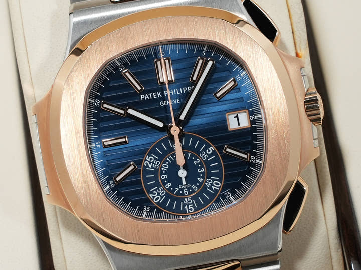 Patek Philippe Nautilus Chronograph Ref. 5980/1AR-001 Stainless Steel/Rose Gold Blue Dial Excellent Condition i5wfdggn
