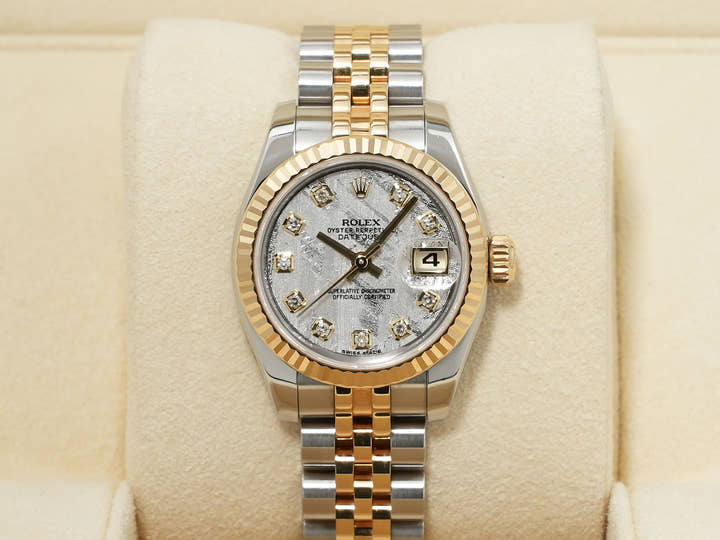 Pre-owned Rolex Datejust 28 Ref. 179173G Stainless Steel/Yellow Gold Meteorite x 10 Diamond Dial Jubilee Bracelet 9bv464k4
