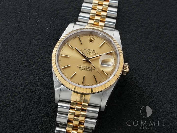 Pre-owned Rolex Datejust 36 with TIFFANY double name, Ref. 16233, stainless steel/yellow gold, champagne dial, ezoq67dh