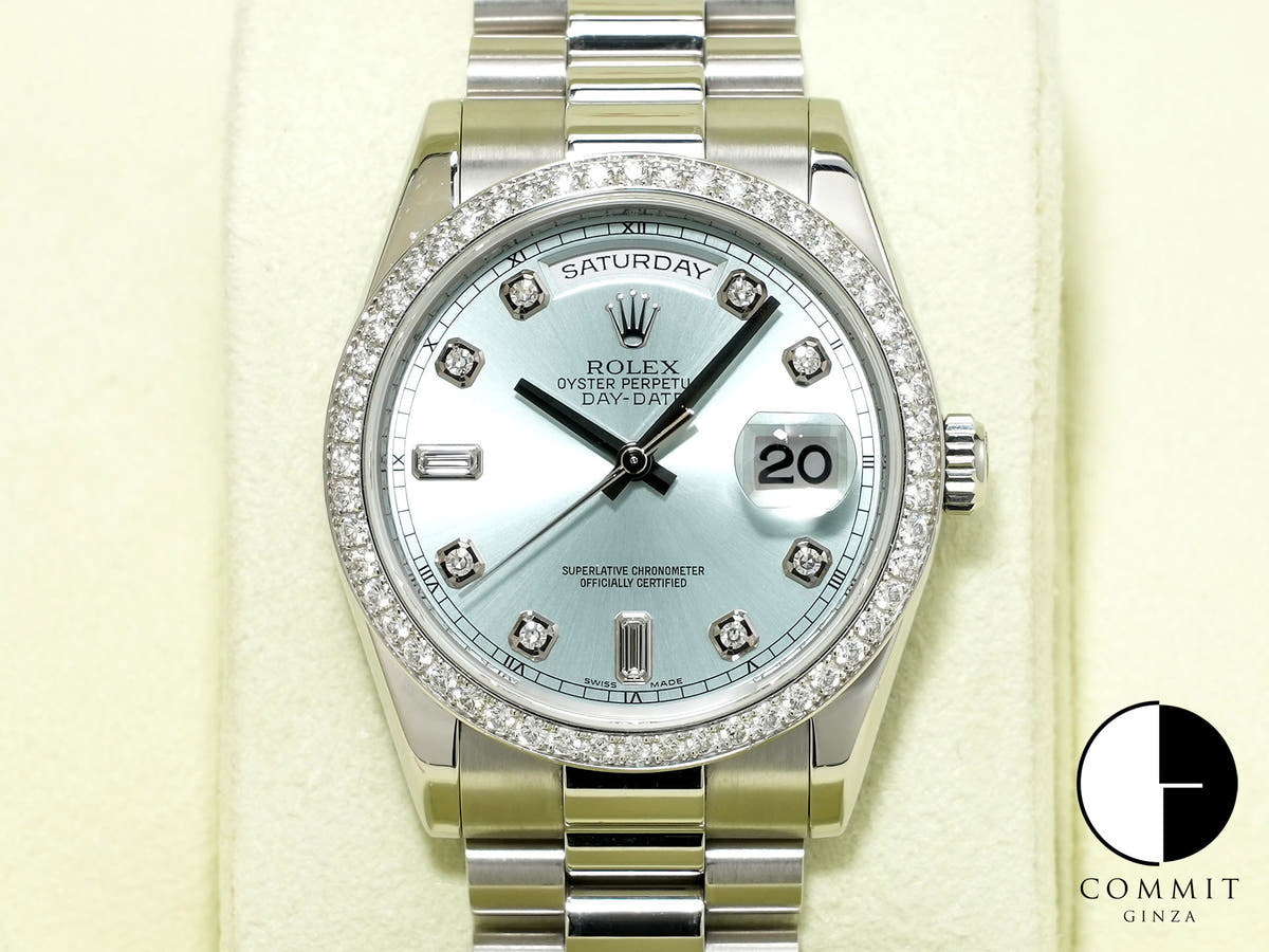 Pre-owned Rolex Day-Date Ref. 118346A Platinum Ice Blue with 10 Diamond Dial (jn7cajvj)