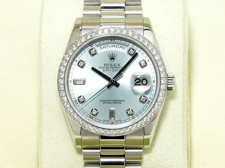 Pre-owned Rolex Day-Date Ref. 118346A Platinum Ice Blue with 10 Diamond Dial (jn7cajvj)