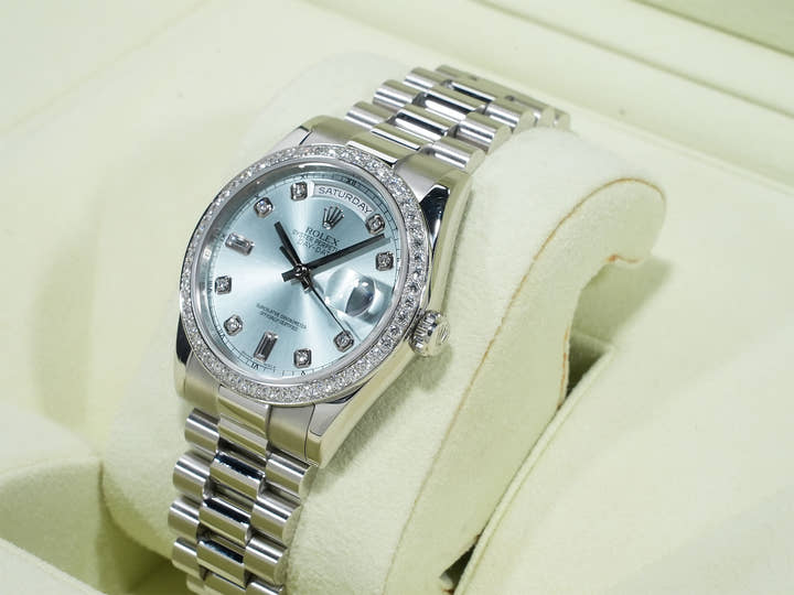 Pre-owned Rolex Day-Date Ref. 118346A Platinum Ice Blue with 10 Diamond Dial (jn7cajvj)