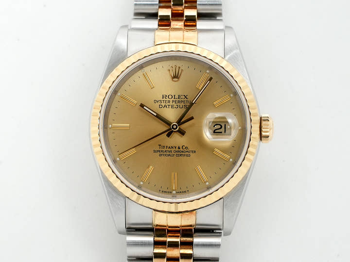 ロレックス デイトジャスト36 TIFFANY Wネーム Ref.16233 ステンレススチール/イエローゴールド シャンパン文字盤 中古 4nn7yapc
