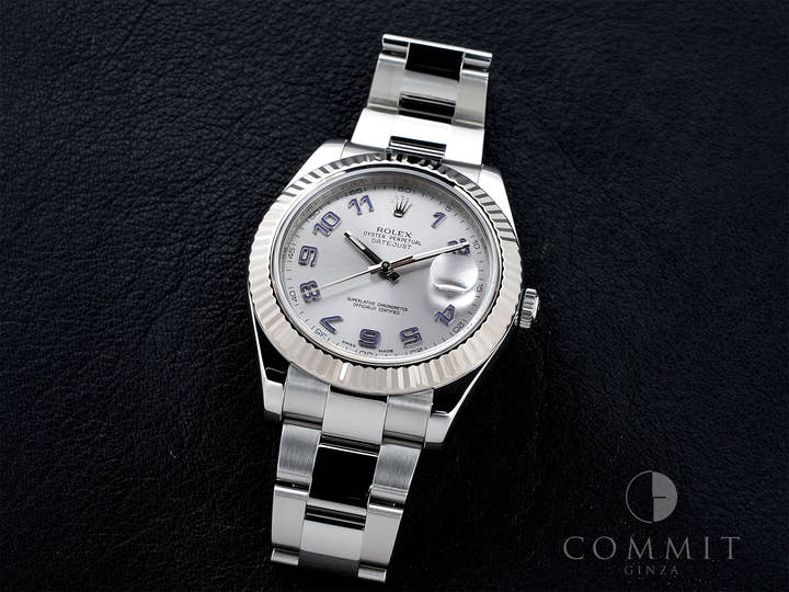 ロレックス デイトジャストII Ref.116334 ステンレススチール/ホワイトゴールド シルバーブルーアラビア文字盤 オイスターブレスレット 美品 3bwmq49b