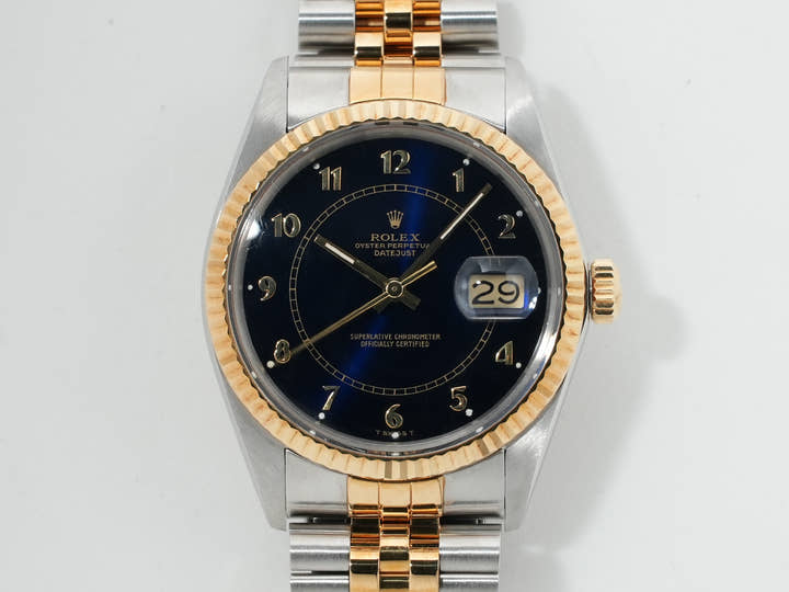 ロレックス デイトジャスト Ref.16013 ステンレススチール/イエローゴールド ブルーステラボイラーゲージ文字盤 中古 q3e842fd