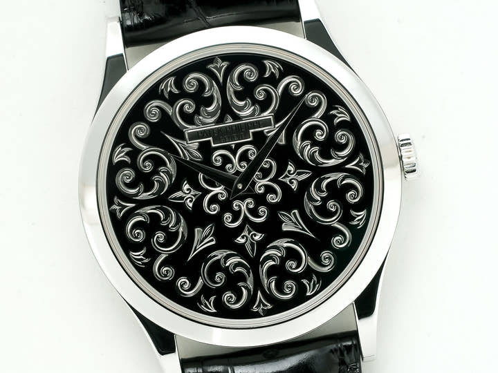 パテックフィリップ カラトラバ Ref.5088P-001 プラチナ 手彫金を施した黒七宝文字盤 美中古 q7ye4ob7