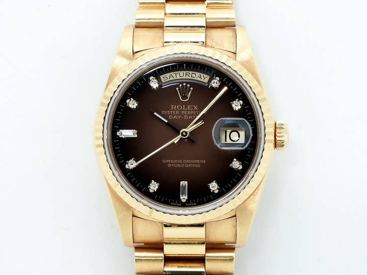 ロレックス デイデイト36 Ref.18238 イエローゴールド ブラウングラデーション×10Pダイヤ文字盤 中古 6b7hn3a4