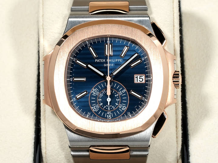 Patek Philippe Nautilus Chronograph Ref. 5980/1AR-001 Stainless Steel/Rose Gold Blue Dial Excellent Condition xp899qt5