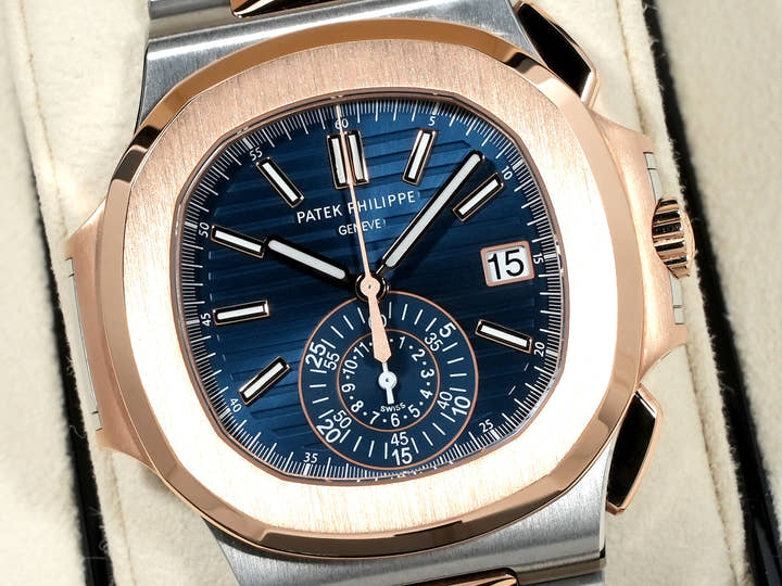 Patek Philippe Nautilus Chronograph Ref. 5980/1AR-001 Stainless Steel/Rose Gold Blue Dial Excellent Condition xp899qt5