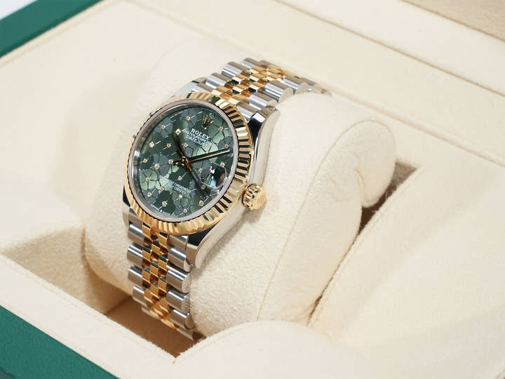 ロレックス デイトジャスト Ref.278273 ステンレススチール/イエローゴールド オリーブグリーン フローラルモチーフ文字盤 美品 xi2gkpvy