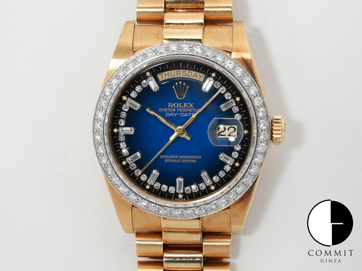 Pre-owned Rolex Day-Date 36 Ref. 18048 Yellow Gold Blue Gradient with Milliard Diamond Dial, President Bracelet (ikzdx52u)