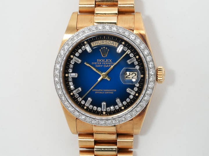 Pre-owned Rolex Day-Date 36 Ref. 18048 Yellow Gold Blue Gradient with Milliard Diamond Dial, President Bracelet (ikzdx52u)