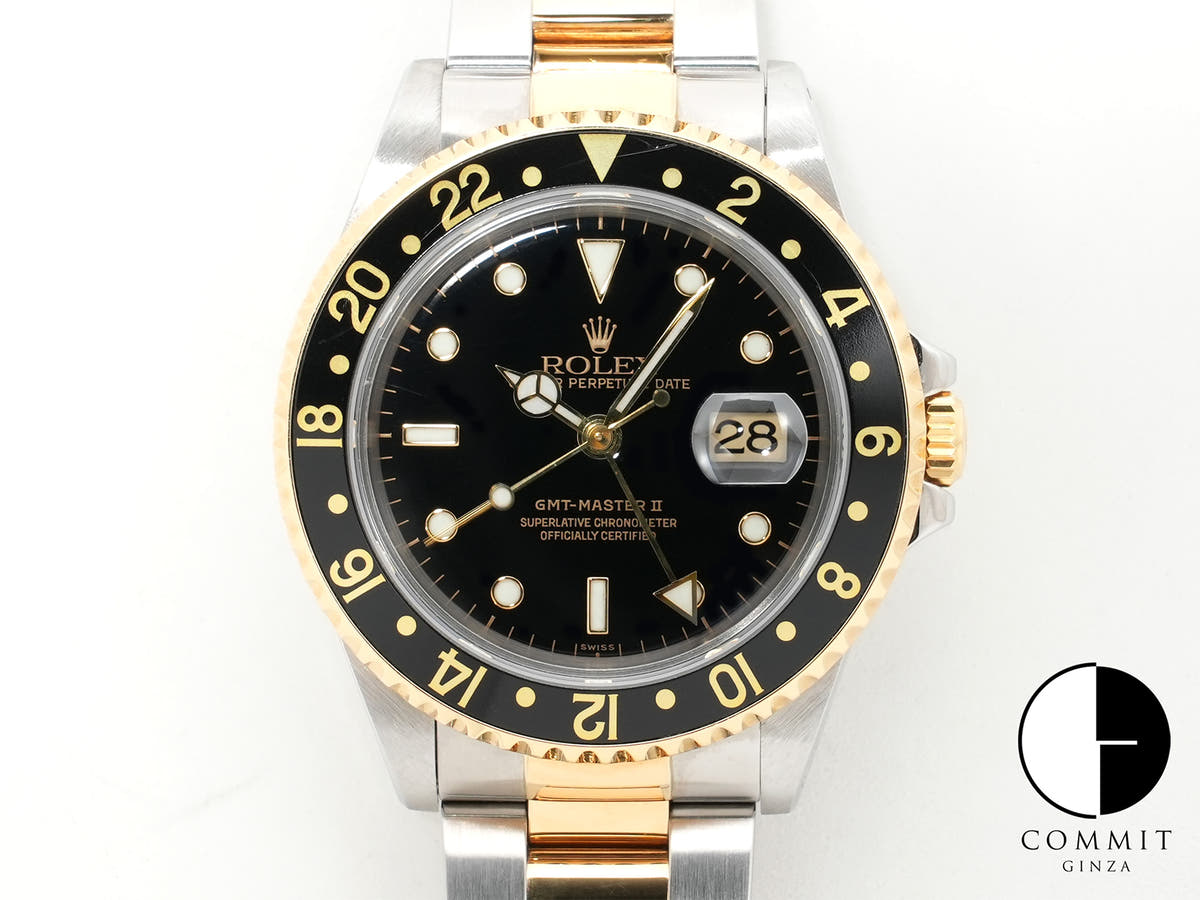 Pre-owned Rolex GMT-Master II Ref. 16713 in stainless steel/yellow gold with a black dial and Oyster bracelet (anvkf7ce)