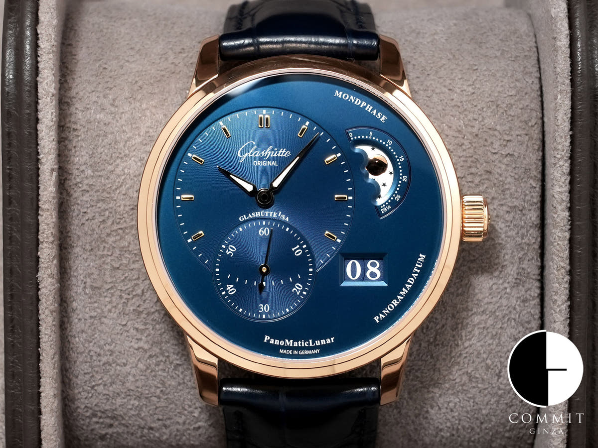 グラスヒュッテオリジナル パナマティック ルナ Ref.1-90-02-11-35-61 レッドゴールド ブルー文字盤 中古 jufxy2ab