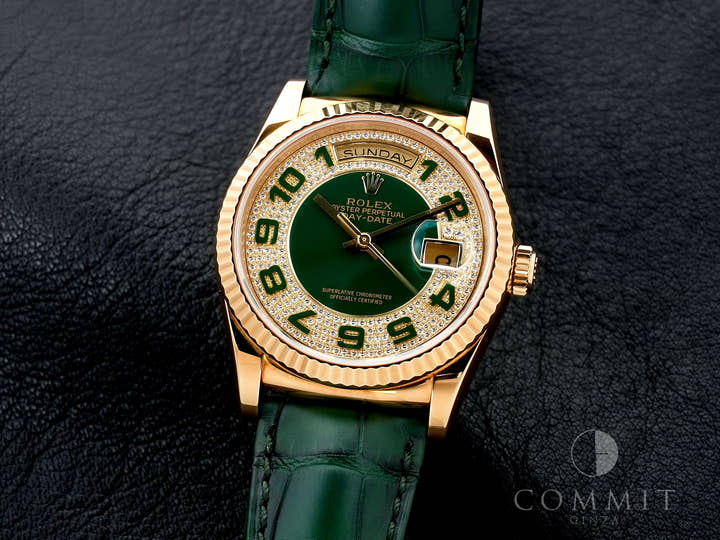 ロレックス デイデイト36 Ref.118138 イエローゴールド グリーンアラビアxパヴェダイヤ文字盤 美中古 5jn4vv93