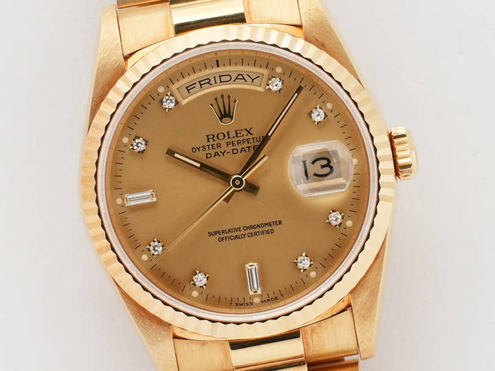 ロレックス デイデイト36 Ref.18238A イエローゴールド シャンパンx10Pダイヤ文字盤 中古 tzhaxm63