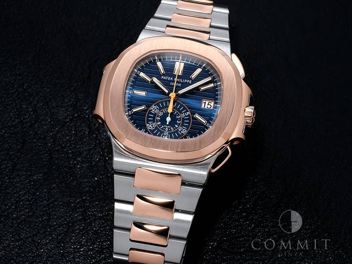 パテックフィリップ ノーチラス クロノグラフ Ref.5980/1AR-001 ステンレススチール/ローズゴールド ブルー文字盤 美品 ajpko7io