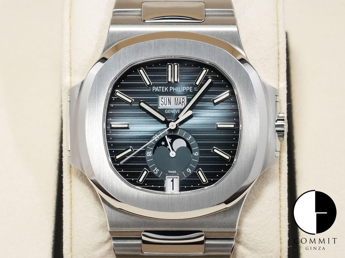 パテックフィリップ ノーチラス アニュアルカレンダー ムーンフェイズ Ref.5726/1A-014 ステンレススチール ブルー、ブラックグラデーション文字盤 美中古 ab3e7jbj