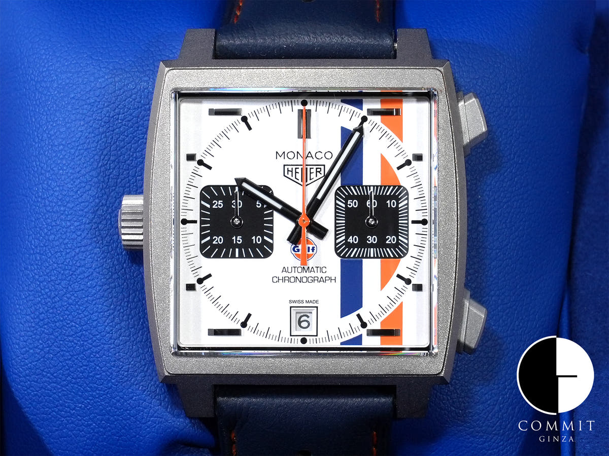TAG Heuer Monaco Chronograph Gulf Ref. CAW218G.EB0393 Titanium White Dial Excellent Condition Pre-Owned icrtv9s2