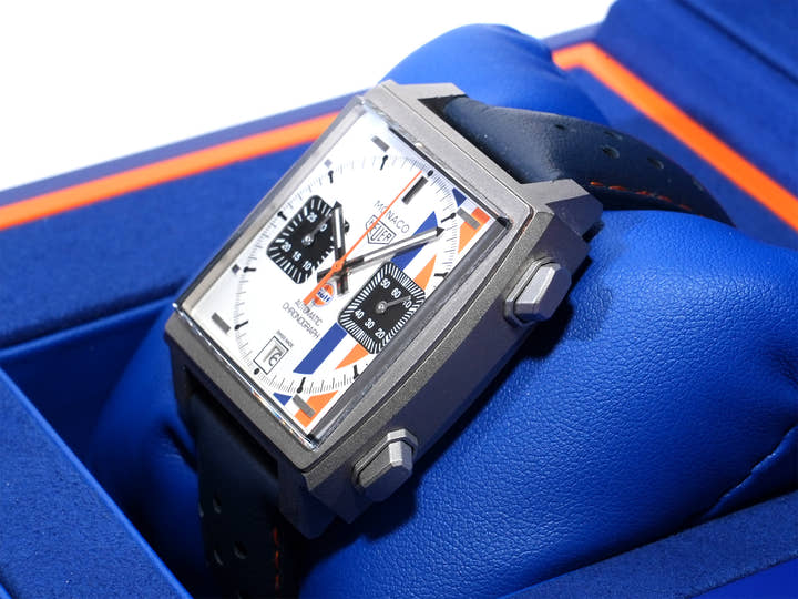 TAG Heuer Monaco Chronograph Gulf Ref. CAW218G.EB0393 Titanium White Dial Excellent Condition Pre-Owned icrtv9s2