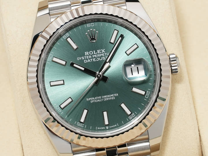 Rolex Datejust 41 Ref. 126334 Stainless Steel/White Gold Mint Green Dial Jubilee Bracelet Unused szm25xss