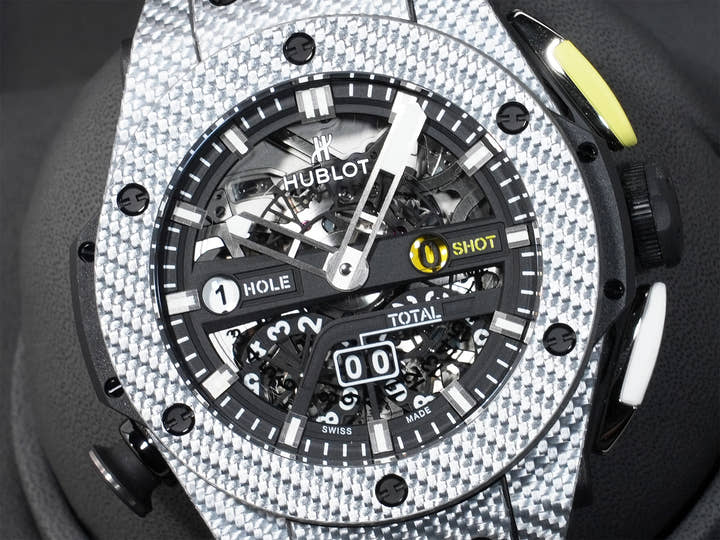 ウブロ ビッグバン ウニコ ゴルフ Ref.416.YS.1120.VR カーボンファイバー&グレーのテキサリウムのアッパーレイヤー マットブラック文字盤 未使用 388mavuz