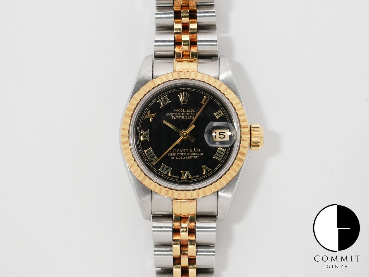 ロレックス デイトジャスト TIFFANY&CO. Ref.69173 ステンレススチール/イエローゴールド ブラックピラミッドローマン文字盤 ジュビリーブレスレット 中古 eou9xf7h