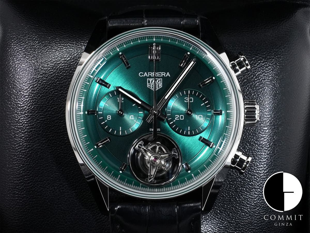 TAG Heuer Carrera Tourbillon Chronograph Ref. CBS5011.FC6566 Stainless Steel Green Dial Excellent Condition eazfusxr