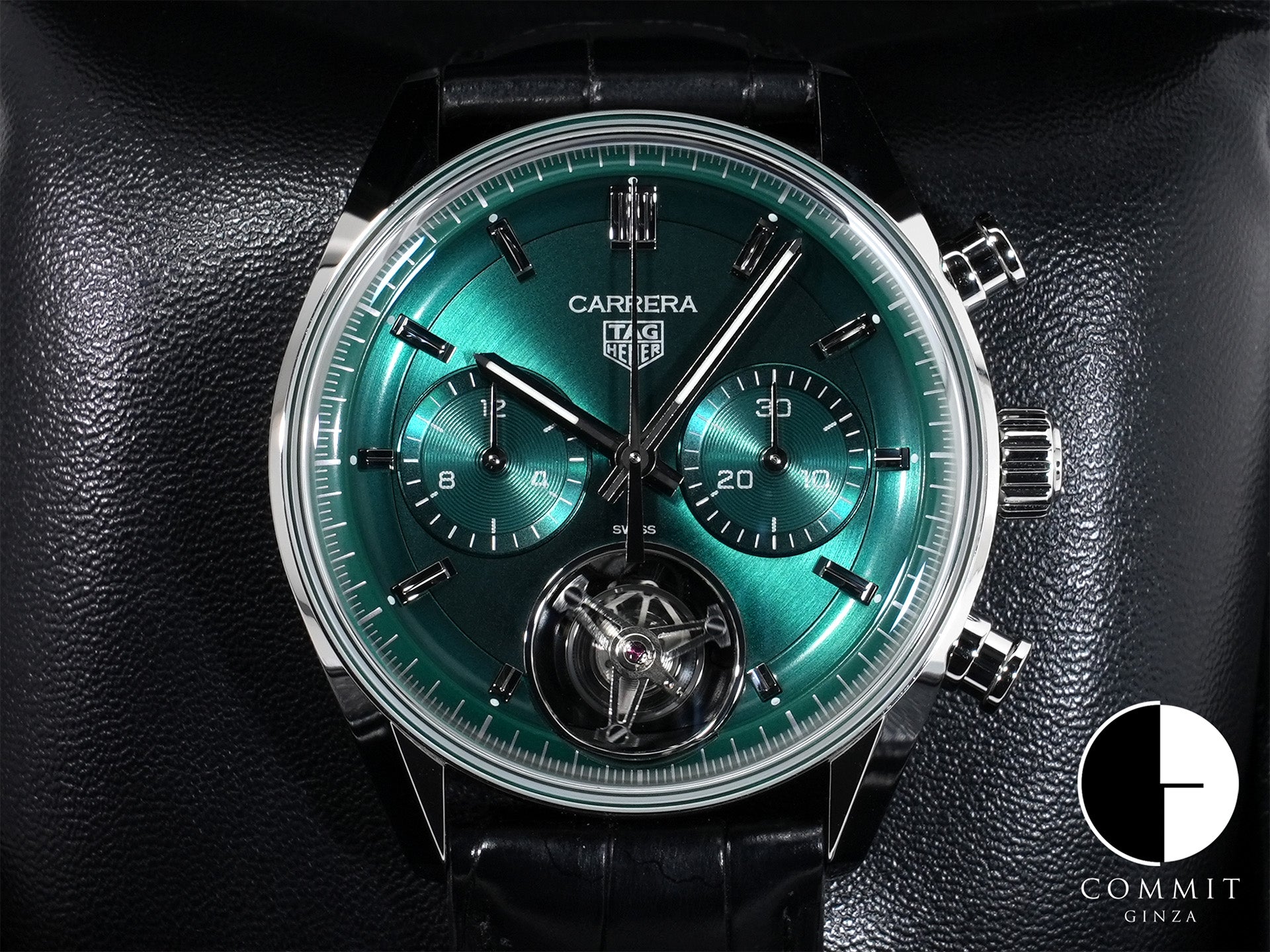 タグホイヤー カレラ トゥールビヨン クロノグラフ Ref.CBS5011.FC6566 ステンレススチール グリーン文字盤 美品 eazfusxr