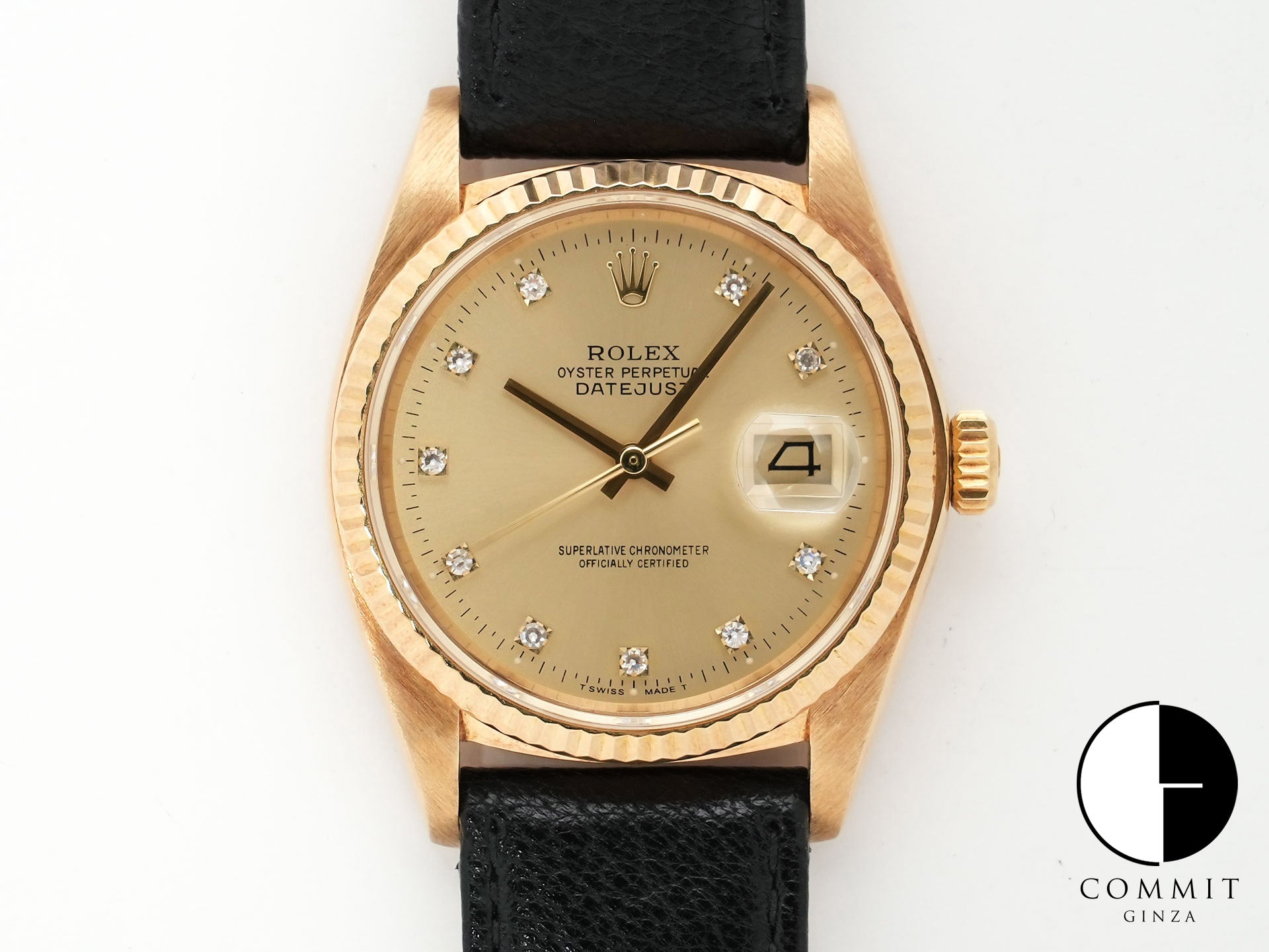 ロレックス デイトジャスト Ref.16018 イエローゴールド シャンパンx10Pダイヤ文字盤 革ベルト 美中古 rm3epohi