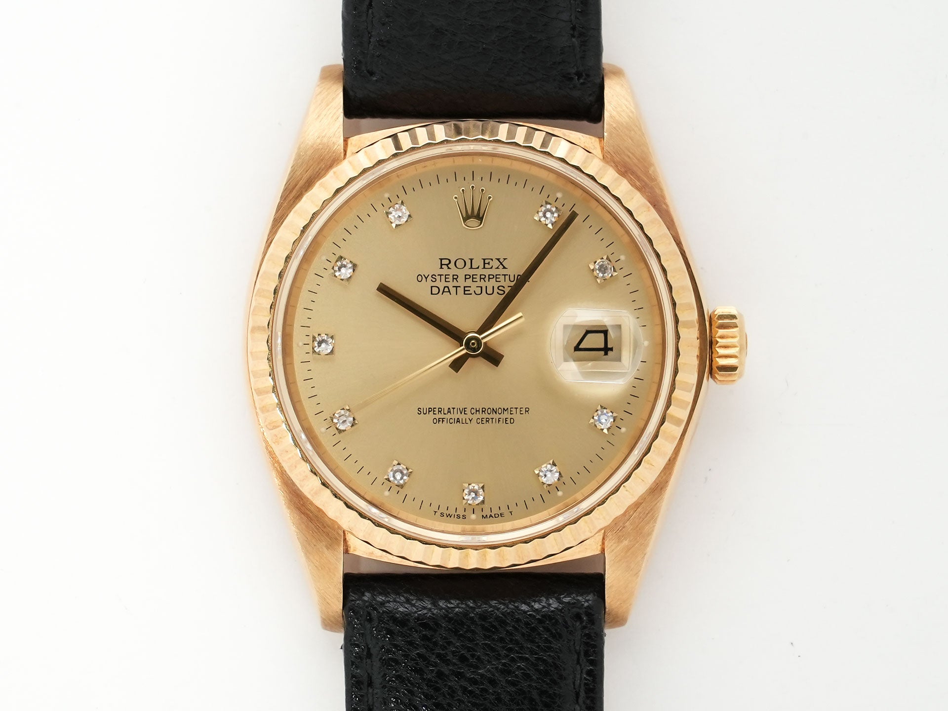ロレックス デイトジャスト Ref.16018 イエローゴールド シャンパンx10Pダイヤ文字盤 革ベルト 美中古 rm3epohi