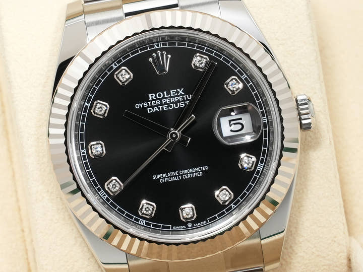 ロレックス デイトジャスト41 Ref.126334G ステンレススチール/ホワイトゴールド ブラックx10Pダイヤ文字盤 オイスターブレスレット 美中古 7thnqytp