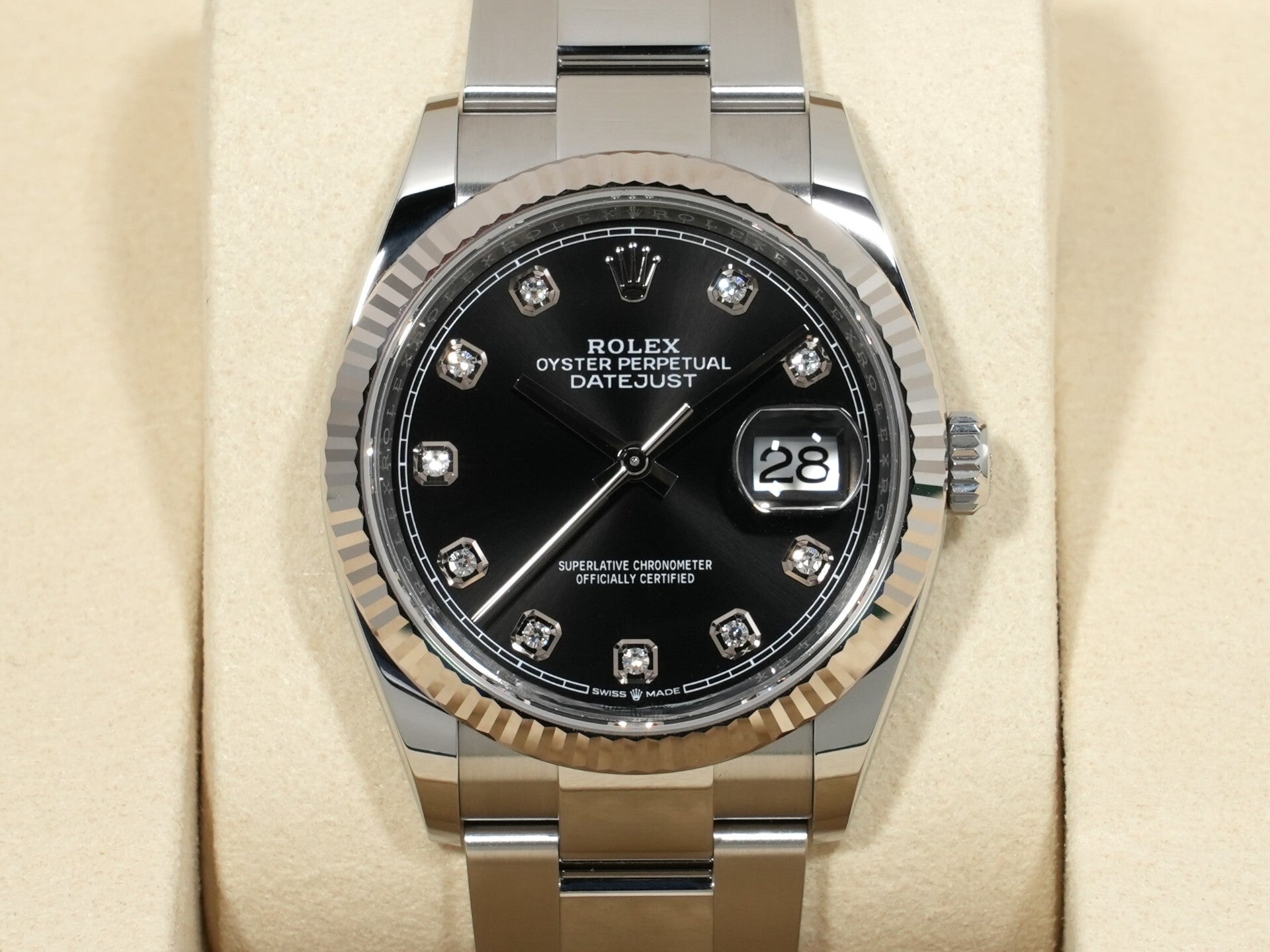 ロレックス デイトジャスト36 Ref.126234G ステンレススチール/ホワイトゴールド ブラックx10Pダイヤ文字盤 オイスターブレスレット 未使用 rxb4eg8b