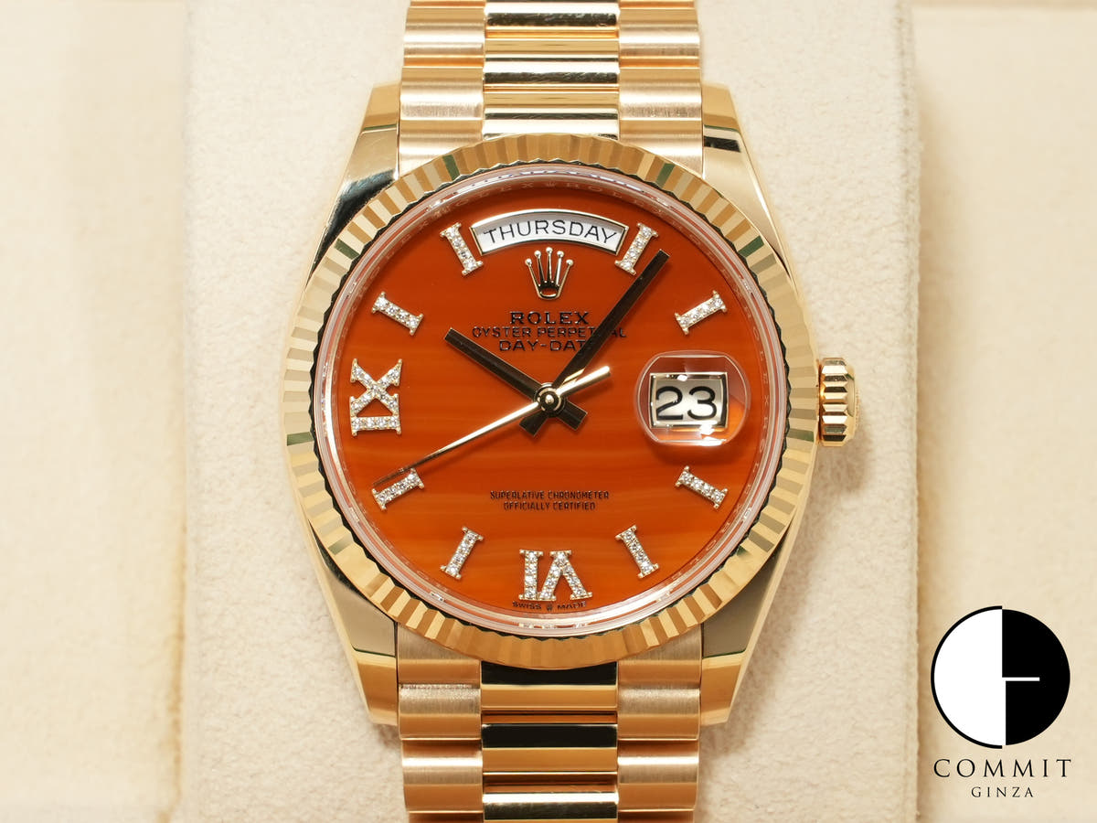 ロレックス デイデイト36 Ref.128238 イエローゴールド カーネリアン文字盤 中古 junm9xpu