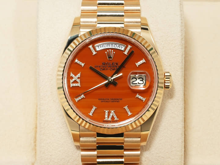 ロレックス デイデイト36 Ref.128238 イエローゴールド カーネリアン文字盤 中古 junm9xpu