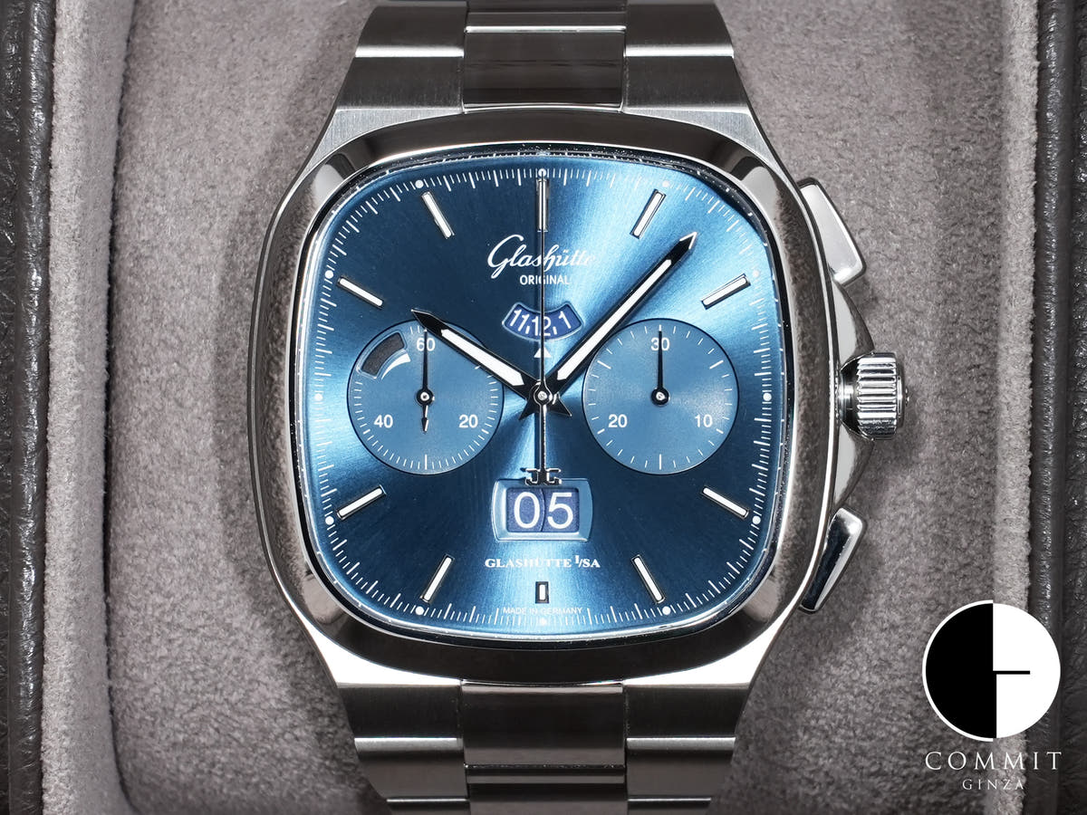 Glashütte Original Seventies Chronograph Panorama Date Ref. 1-37-02-08-02-70 Stainless Steel Blue Dial Unused 5r4fn62h