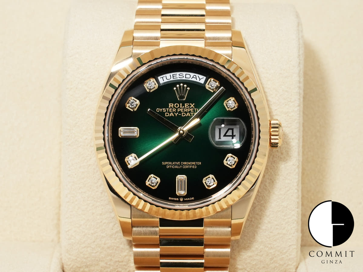 Rolex Day-Date 36 Ref. 128238A Yellow Gold Green Ombre Dial Pre-Owned c4e2867z