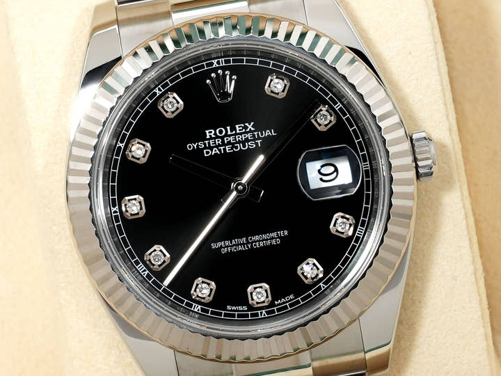 ロレックス デイトジャスト41 Ref.126334G ステンレススチール/ホワイトゴールド ブラックx10Pダイヤ文字盤 オイスターブレスレット 中古 cfjdda3n