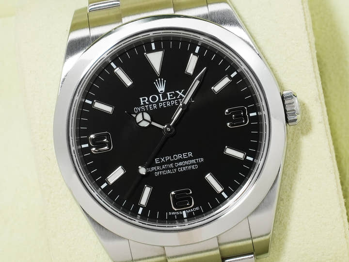 ロレックス エクスプローラーI 鏡面ブラックアウト Ref.214270 ステンレススチール ブラック文字盤 オイスターブレスレット 中古 nfachd96