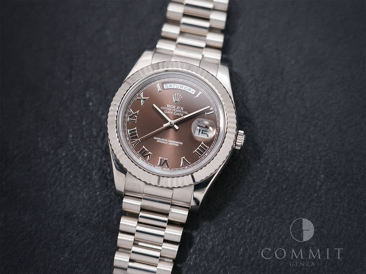ROLEX Day-Date II Ref. 218239 White Gold Chocolate Roman Dial Excellent Condition bsyn8rsn
