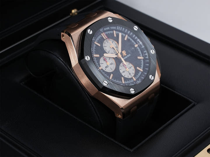 Audemars Piguet Royal Oak Offshore Chronograph Ref. 26401RO.OO.A002CA.01 Pink Gold Black Dial Excellent Condition 3vd2897x