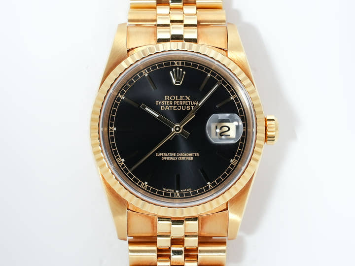 ロレックス デイトジャスト36 Ref.16238 イエローゴールド ブラック文字盤 ジュビリーブレスレット 美中古 nunowouv