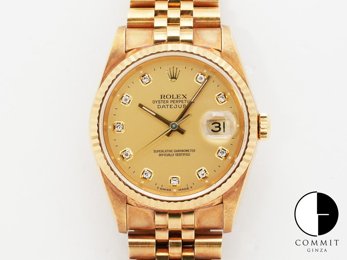 Rolex Datejust 36 Ref. 16238G Yellow Gold Champagne Gold x 10P Diamond Dial Jubilee Bracelet Used ruucyag7