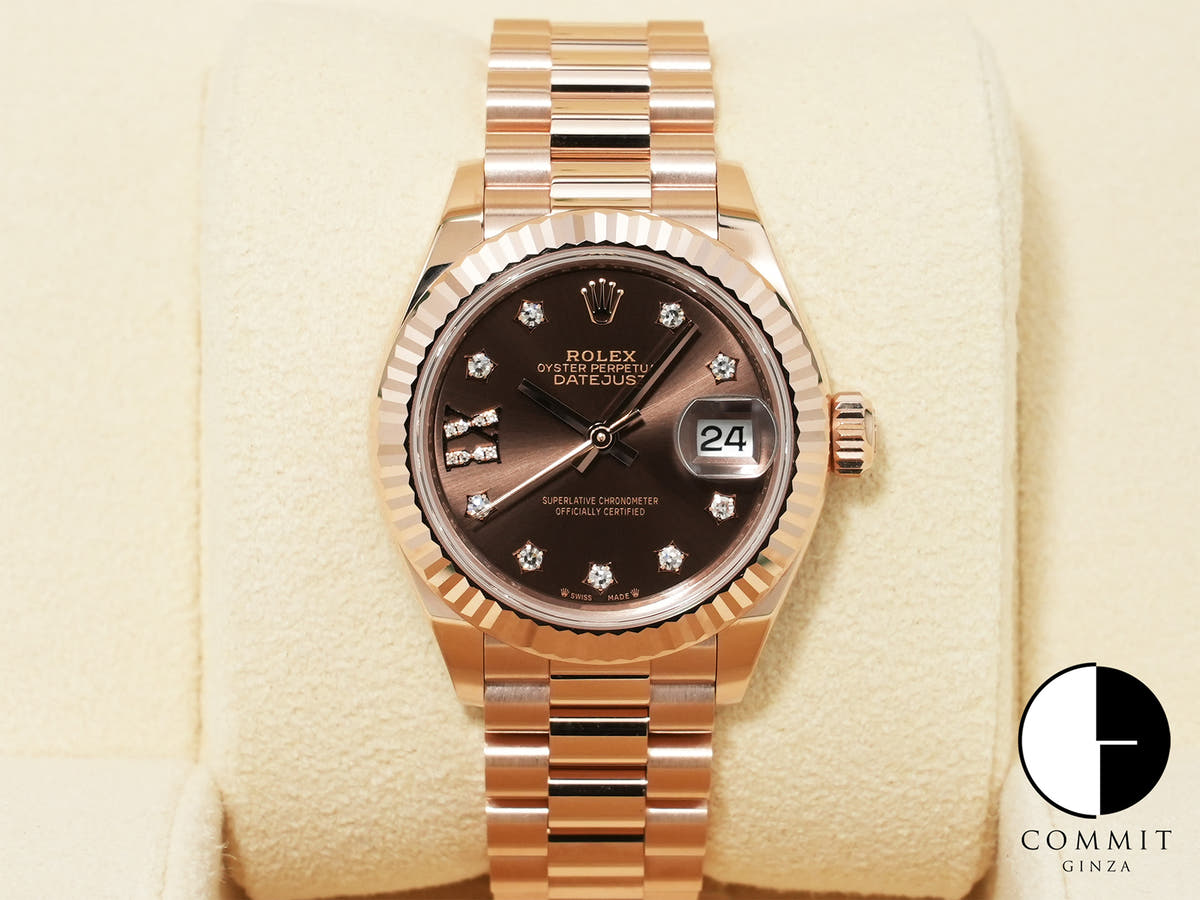 Rolex Datejust 28 Ref. 279175G Everose Gold Diamond-set Chocolate Dial President Bracelet Used i4hiqrtd