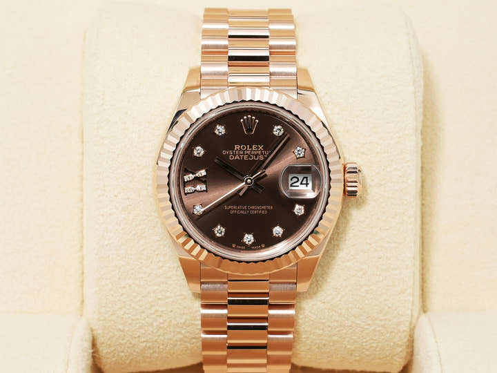 Rolex Datejust 28 Ref. 279175G Everose Gold Diamond-set Chocolate Dial President Bracelet Used i4hiqrtd