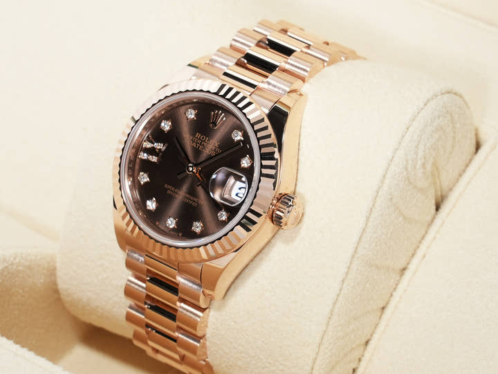 Rolex Datejust 28 Ref. 279175G Everose Gold Diamond-set Chocolate Dial President Bracelet Used i4hiqrtd